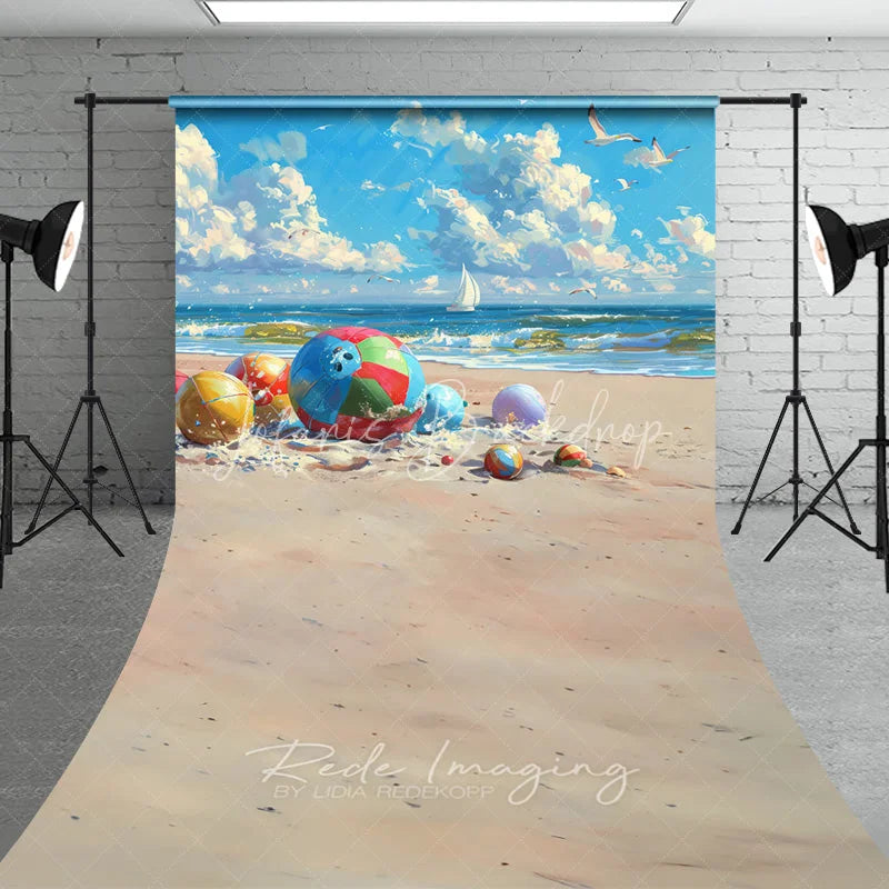 Lofaris Colorful Beach Balls Summer Photography Backdrop Ocean Waves and Sand Sweep Portrait Studio Background