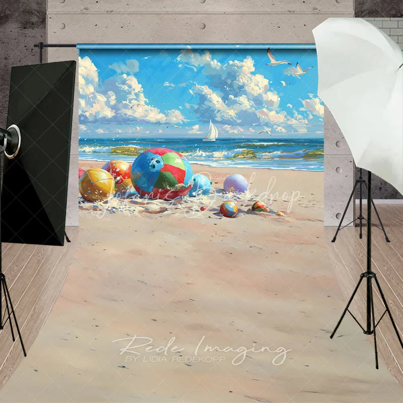 Lofaris Colorful Beach Balls Summer Photography Backdrop Ocean Waves and Sand Sweep Portrait Studio Background