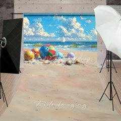Lofaris Colorful Beach Balls Summer Photography Backdrop Ocean Waves and Sand Sweep Portrait Studio Background