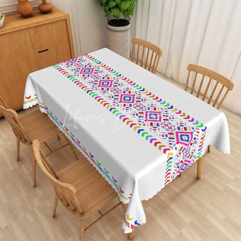 Lofaris Colorful Boho Aztec Geometric Rectangle Tablecloth Vibrant Tribal Mexican Fiesta Dining Table Cover for Party