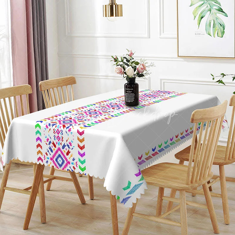 Lofaris Colorful Boho Aztec Geometric Rectangle Tablecloth Vibrant Tribal Mexican Fiesta Dining Table Cover for Party