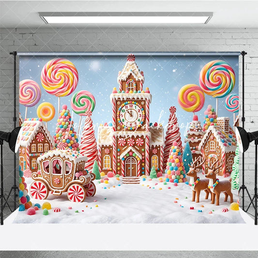 Lofaris Colorful Candy Land Gingerbread Village Photography Backdrop Sweet Lollipops and Reindeer for Christmas Winter Holiday