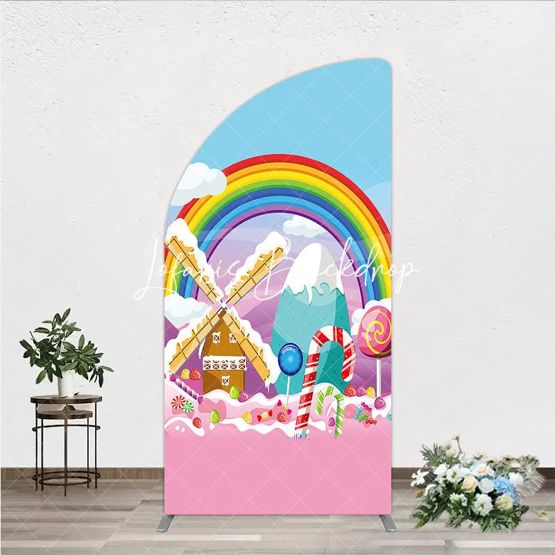 Lofaris Colorful Cartoon Candy Land Rainbow Windmill Half Moon Arch Backdrop Sweet Theme Birthday Party Decor