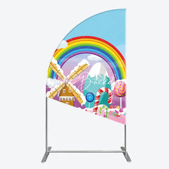 Lofaris Colorful Cartoon Candy Land Rainbow Windmill Half Moon Arch Backdrop Sweet Theme Birthday Party Decor