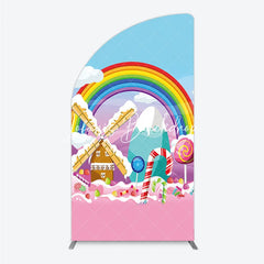Lofaris Colorful Cartoon Candy Land Rainbow Windmill Half Moon Arch Backdrop Sweet Theme Birthday Party Decor