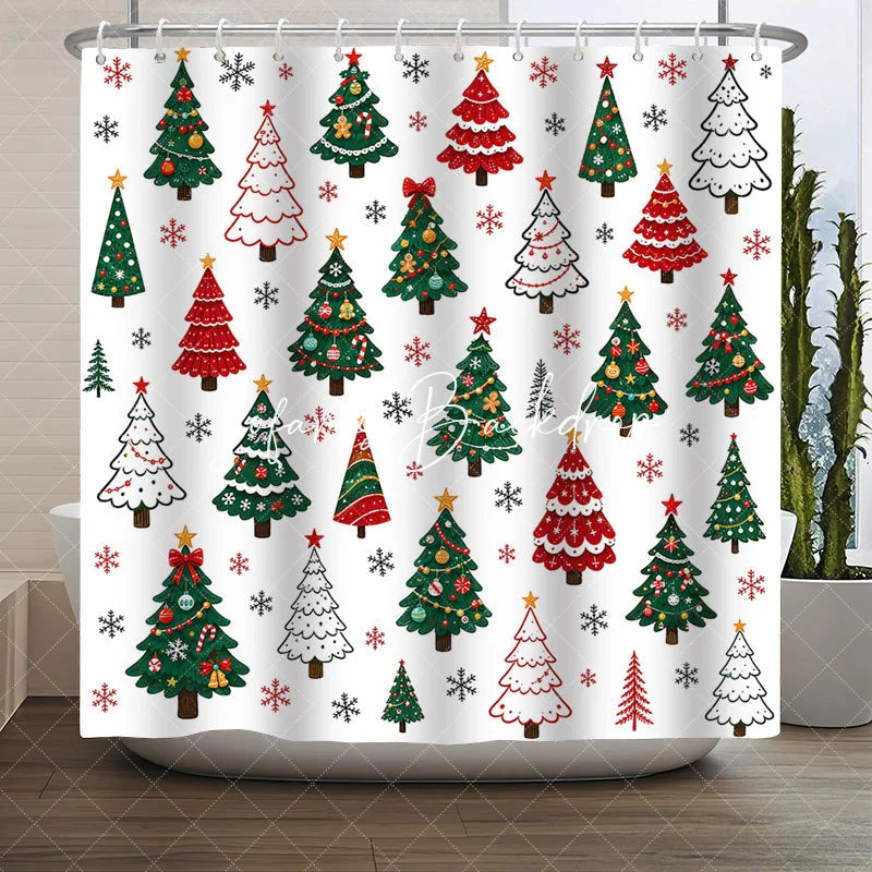 Lofaris Colorful Cartoon Christmas Tree and Snowflake Pattern Shower Curtain Festive Winter Holiday Bathroom Decor