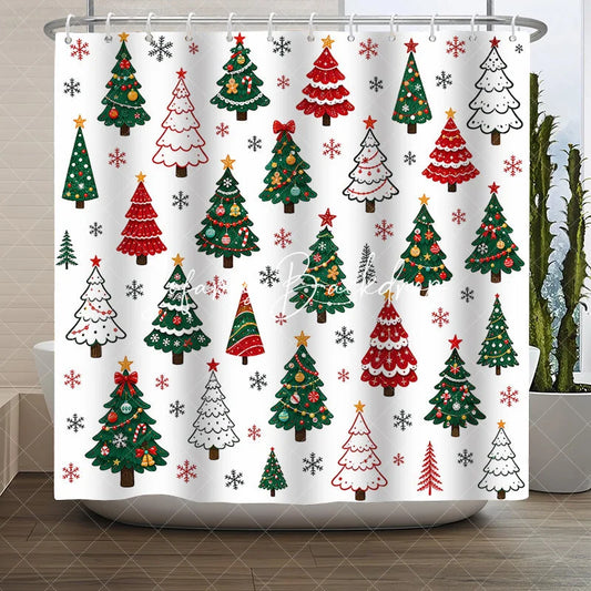 Lofaris Colorful Cartoon Christmas Tree and Snowflake Pattern Shower Curtain Festive Winter Holiday Bathroom Decor