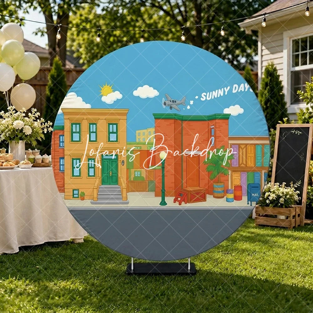 Lofaris Colorful Cartoon City Street Round Backdrop with Sunny Days Sky Neighborhood Buildings and Flying Airplane.