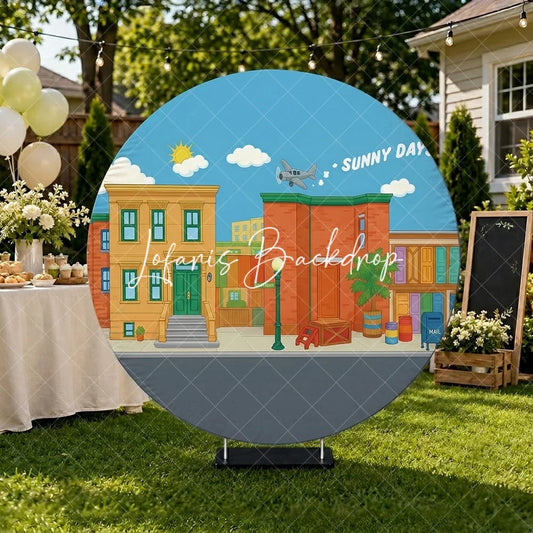 Lofaris Colorful Cartoon City Street Round Backdrop with Sunny Days Sky Neighborhood Buildings and Flying Airplane.