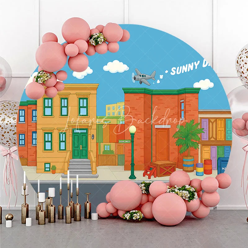 Lofaris Colorful Cartoon City Street Round Backdrop with Sunny Days Sky Neighborhood Buildings and Flying Airplane.