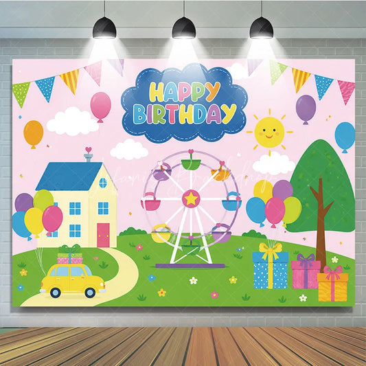 Lofaris Colorful Cartoon Happy Birthday Ferris Wheel Backdrop Whimsical House Car Balloons Kids Party Decor