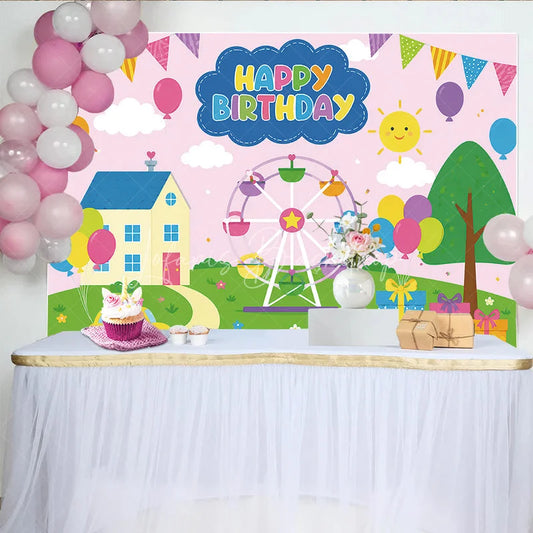 Lofaris Colorful Cartoon Happy Birthday Ferris Wheel Backdrop Whimsical House Car Balloons Kids Party Decor
