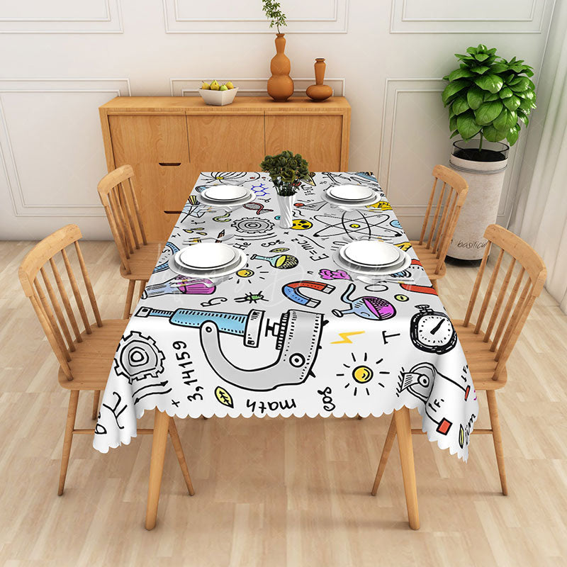 Lofaris Colorful Cartoon Science Tablecloth with Chemistry and Physics Doodles for Kids School or Lab Party
