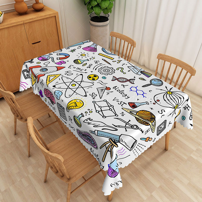 Lofaris Colorful Cartoon Science Tablecloth with Chemistry and Physics Doodles for Kids School or Lab Party