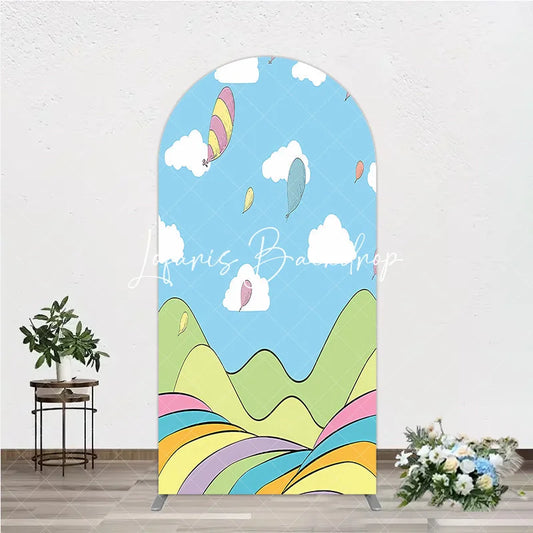 Lofaris Colorful Cartoon Sky with Floating Balloons and Whimsical Hills Round Top Arch Backdrop for Kids Birthday Party