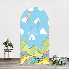 Lofaris Colorful Cartoon Sky with Floating Balloons and Whimsical Hills Round Top Arch Backdrop for Kids Birthday Party