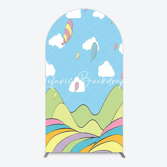 Lofaris Colorful Cartoon Sky with Floating Balloons and Whimsical Hills Round Top Arch Backdrop for Kids Birthday Party