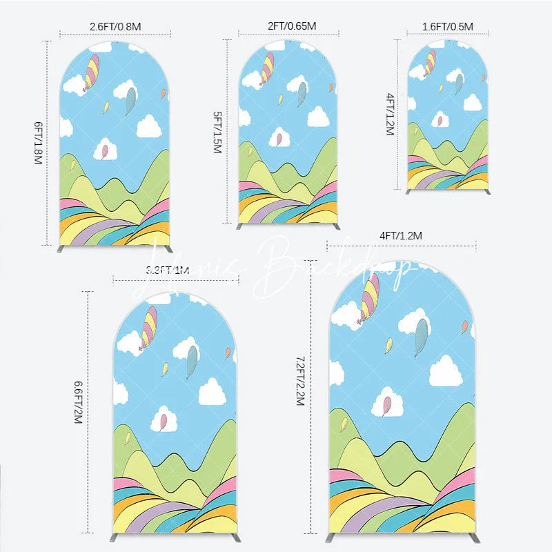 Lofaris Colorful Cartoon Sky with Floating Balloons and Whimsical Hills Round Top Arch Backdrop for Kids Birthday Party