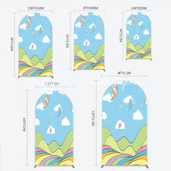 Lofaris Colorful Cartoon Sky with Floating Balloons and Whimsical Hills Round Top Arch Backdrop for Kids Birthday Party