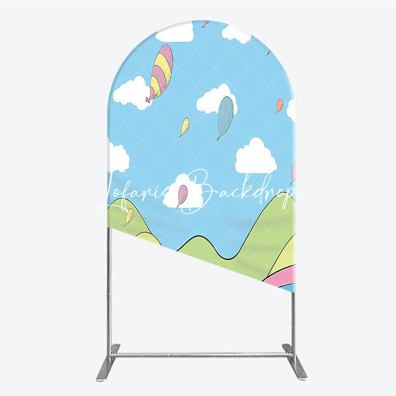 Lofaris Colorful Cartoon Sky with Floating Balloons and Whimsical Hills Round Top Arch Backdrop for Kids Birthday Party