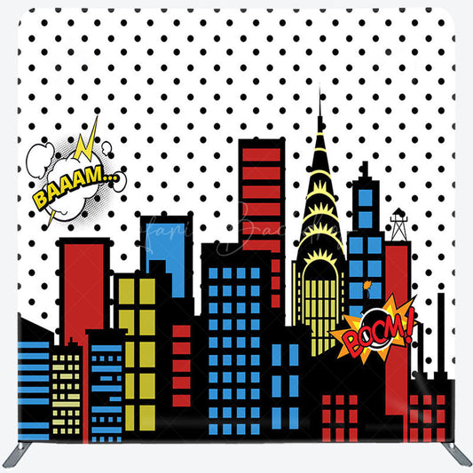 Lofaris Colorful City Buildings Party Square Tension Backdrop