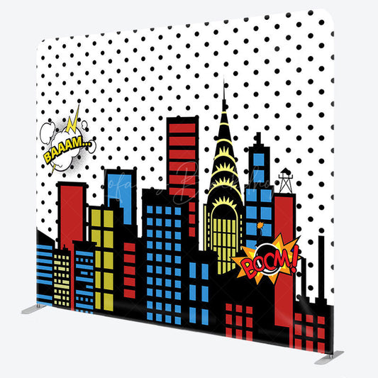 Lofaris Colorful City Buildings Party Square Tension Backdrop