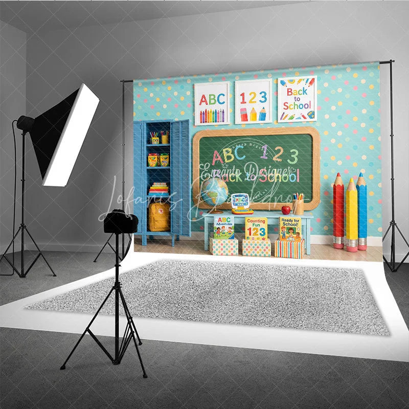 Lofaris Colorful Classroom Back to School Photography Backdrop ABC 123 Chalkboard Polka Dot Wall and Supplies for Kids