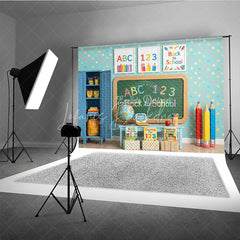 Lofaris Colorful Classroom Back to School Photography Backdrop ABC 123 Chalkboard Polka Dot Wall and Supplies for Kids
