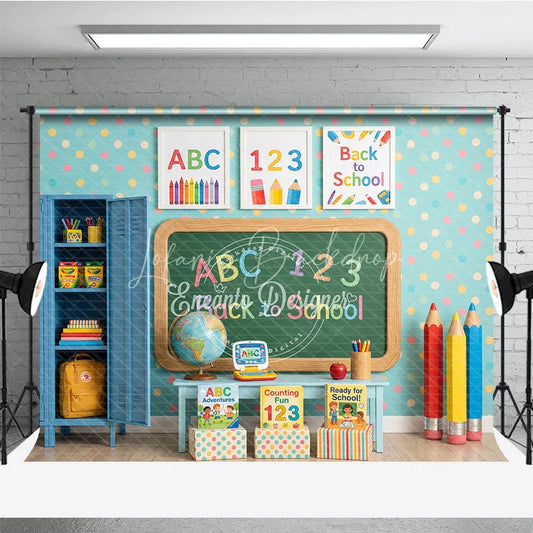 Lofaris Colorful Classroom Back to School Photography Backdrop ABC 123 Chalkboard Polka Dot Wall and Supplies for Kids
