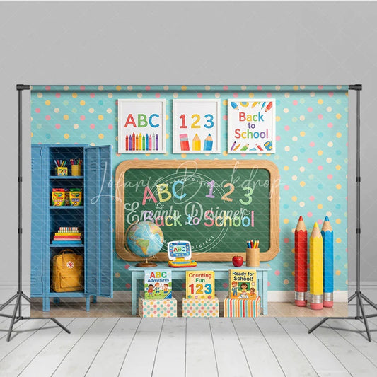 Lofaris Colorful Classroom Back to School Photography Backdrop ABC 123 Chalkboard Polka Dot Wall and Supplies for Kids