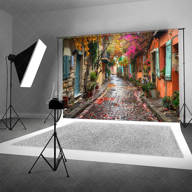 Lofaris Colorful Cobblestone Alley Backdrop European Street and Fallen Leaves Photography Background for Romantic Portrait