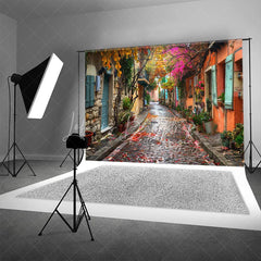 Lofaris Colorful Cobblestone Alley Backdrop European Street and Fallen Leaves Photography Background for Romantic Portrait