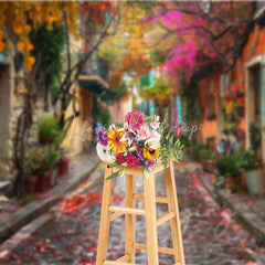 Lofaris Colorful Cobblestone Alley Backdrop European Street and Fallen Leaves Photography Background for Romantic Portrait