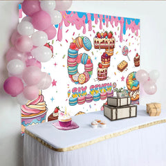 Lofaris Colorful Dessert Six Seven Birthday Backdrop with Macarons Cakes and Sprinkles for Sweet Celebration Party