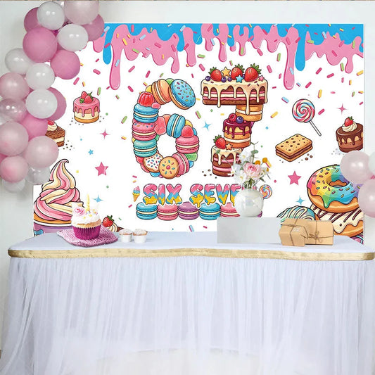 Lofaris Colorful Dessert Six Seven Birthday Backdrop with Macarons Cakes and Sprinkles for Sweet Celebration Party