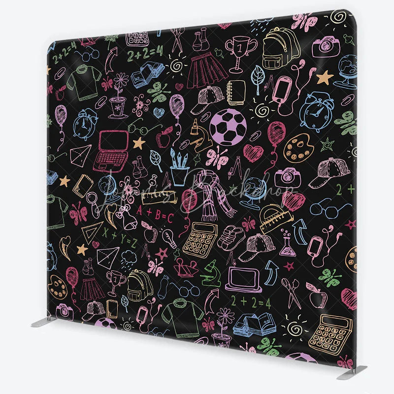 Lofaris Colorful Doodle School Supplies Square Double-Sided Backdrop Playful Learning Theme for Kids Photography