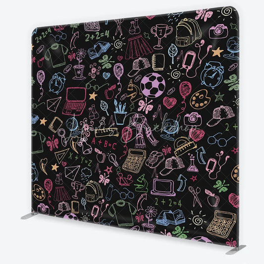Lofaris Colorful Doodle School Supplies Square Double-Sided Backdrop Playful Learning Theme for Kids Photography