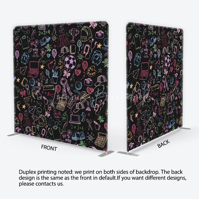 Lofaris Colorful Doodle School Supplies Square Double-Sided Backdrop Playful Learning Theme for Kids Photography