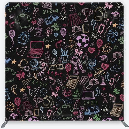 Lofaris Colorful Doodle School Supplies Square Double-Sided Backdrop Playful Learning Theme for Kids Photography