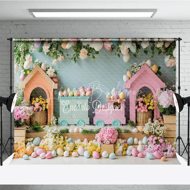 Lofaris Colorful Easter Train and Egg House Backdrop Spring Floral Garden Hanging Eggs for Kids Birthday