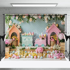 Lofaris Colorful Easter Train and Egg House Backdrop Spring Floral Garden Hanging Eggs for Kids Birthday