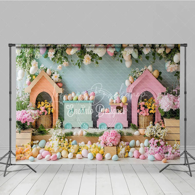 Lofaris Colorful Easter Train and Egg House Backdrop Spring Floral Garden Hanging Eggs for Kids Birthday