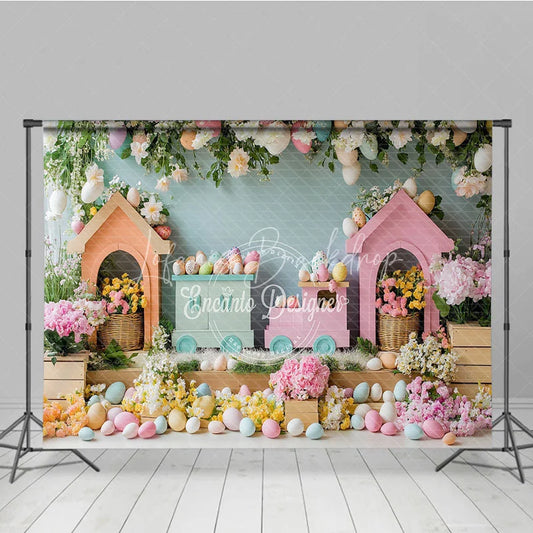 Lofaris Colorful Easter Train and Egg House Backdrop Spring Floral Garden Hanging Eggs for Kids Birthday