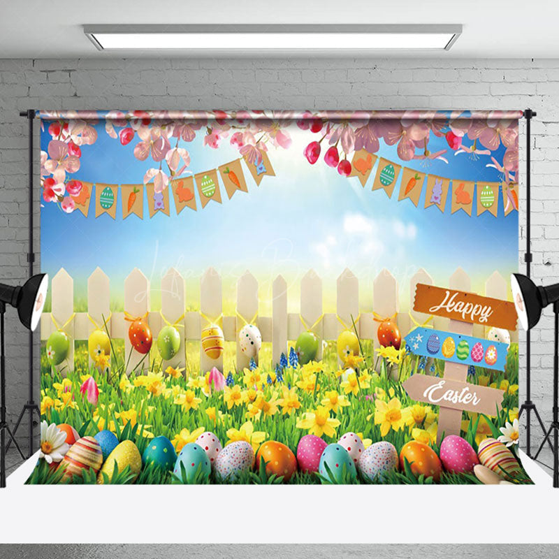 Lofaris Colorful Egg Hunt Scene Yellow Tulip Easter Backdrop