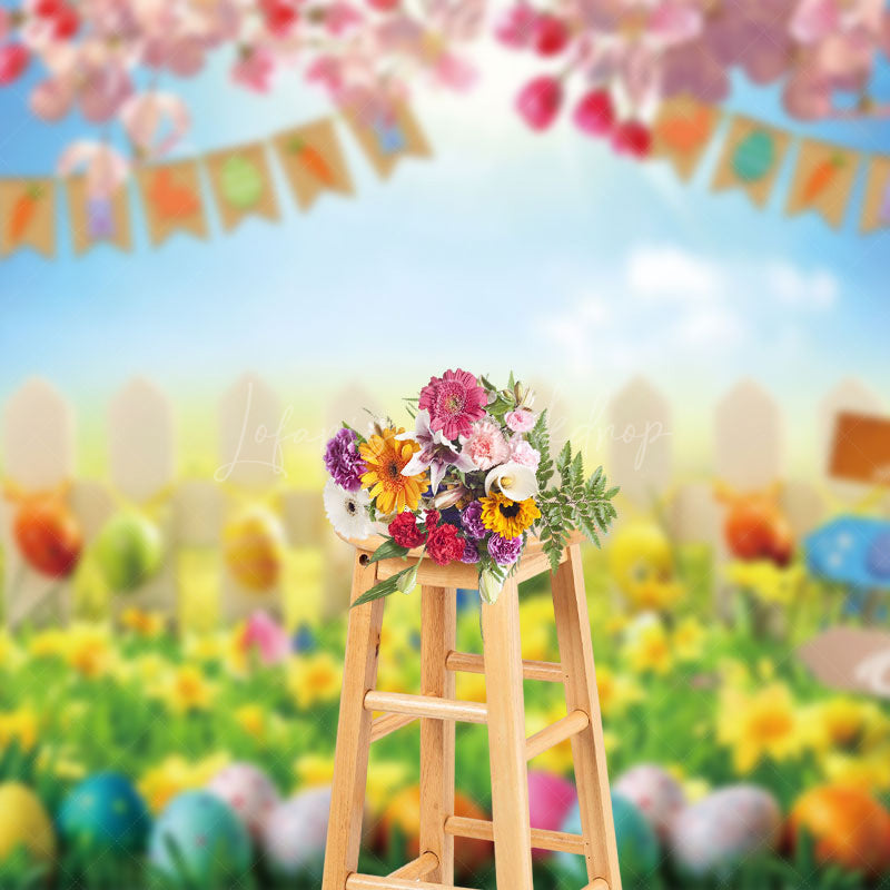 Lofaris Colorful Egg Hunt Scene Yellow Tulip Easter Backdrop