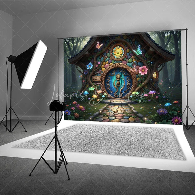 Lofaris Colorful Fairy Tale House Photography Backdrop with Enchanted Forest Whimsical Mushrooms and Glowing Flowers