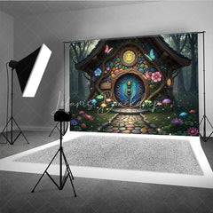 Lofaris Colorful Fairy Tale House Photography Backdrop with Enchanted Forest Whimsical Mushrooms and Glowing Flowers