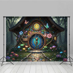 Lofaris Colorful Fairy Tale House Photography Backdrop with Enchanted Forest Whimsical Mushrooms and Glowing Flowers