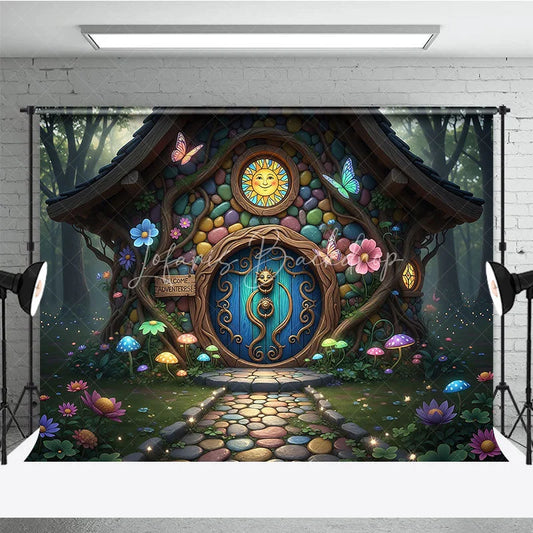 Lofaris Colorful Fairy Tale House Photography Backdrop with Enchanted Forest Whimsical Mushrooms and Glowing Flowers
