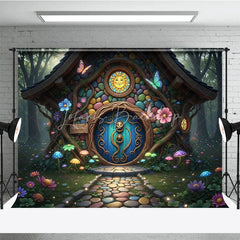 Lofaris Colorful Fairy Tale House Photography Backdrop with Enchanted Forest Whimsical Mushrooms and Glowing Flowers